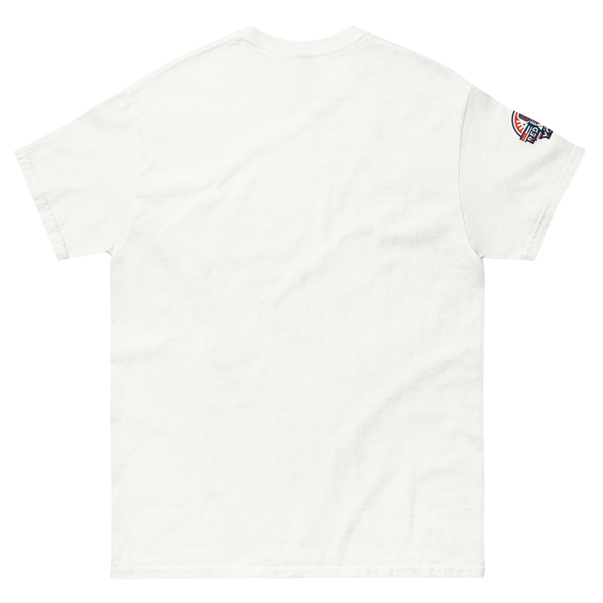 White t-shirt back view with a red rights and you logo on the sleeve.