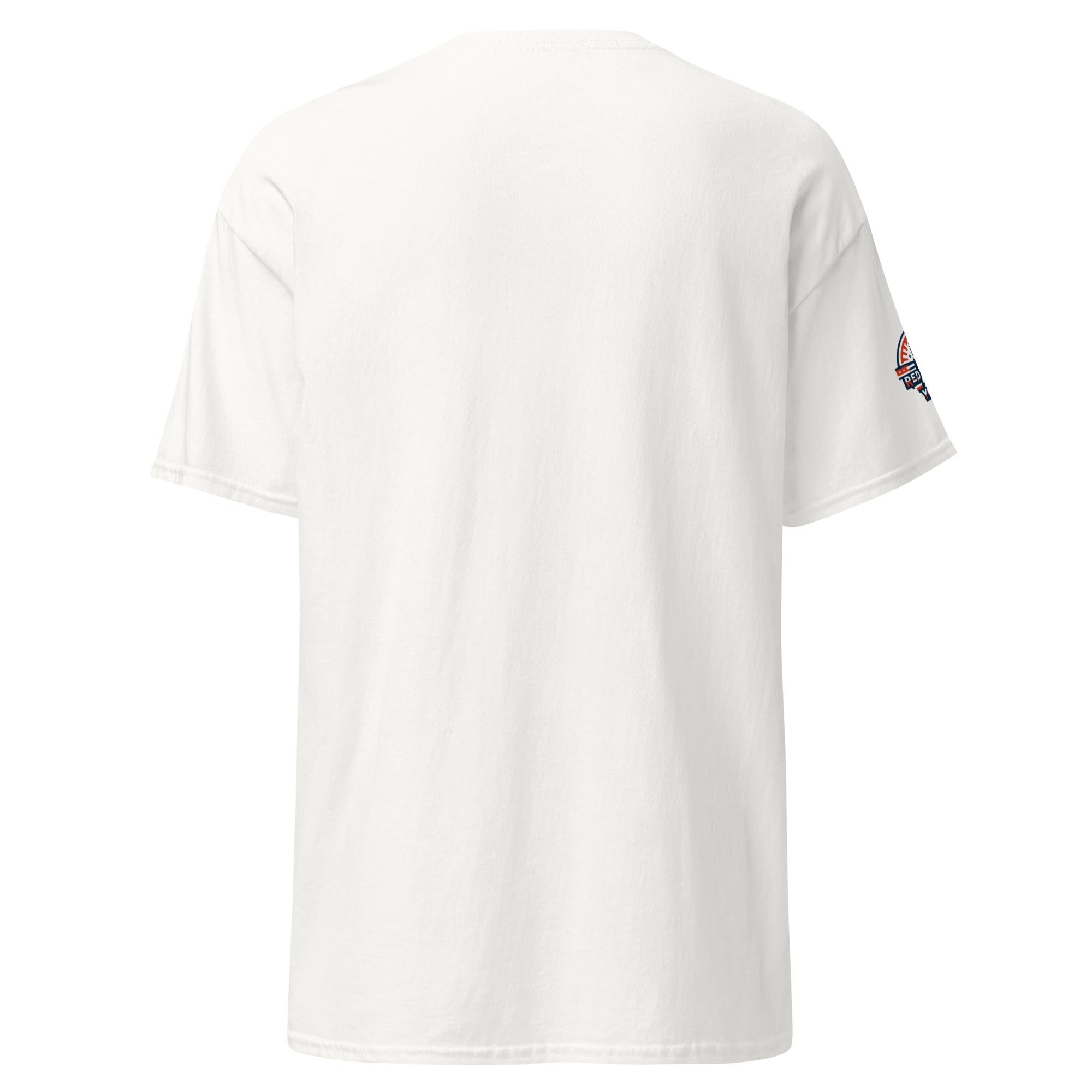 White t-shirt with a small logo on the right sleeve against a white background (rear view)