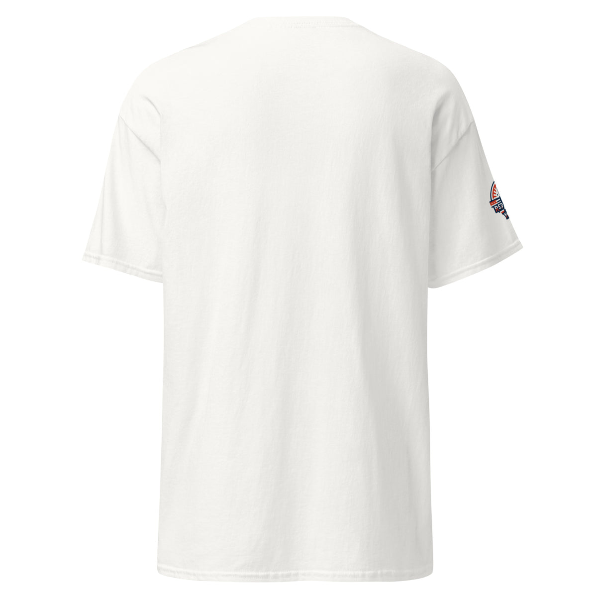 White t-shirt with a small logo on the right sleeve against a white background (rear view)