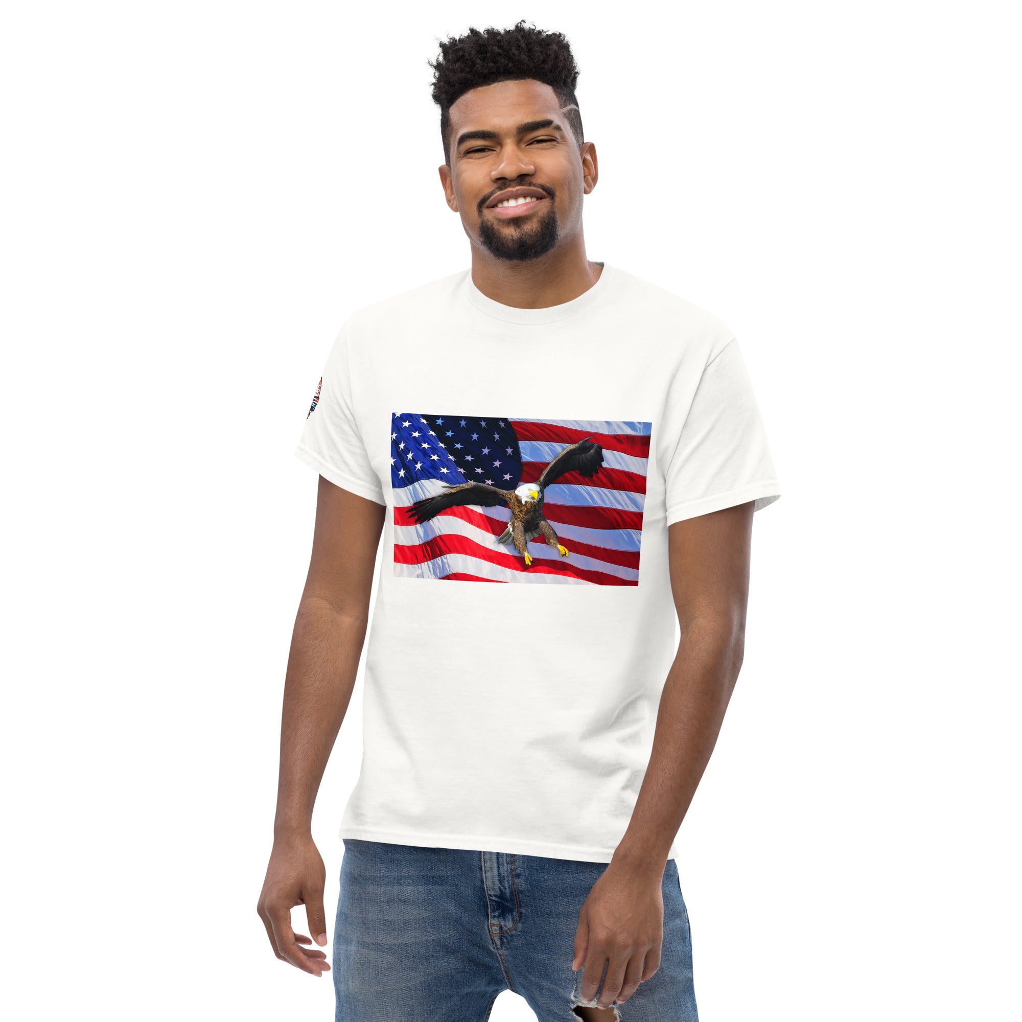 Man wearing a white t-shirt with an American flag and bald eagle design.