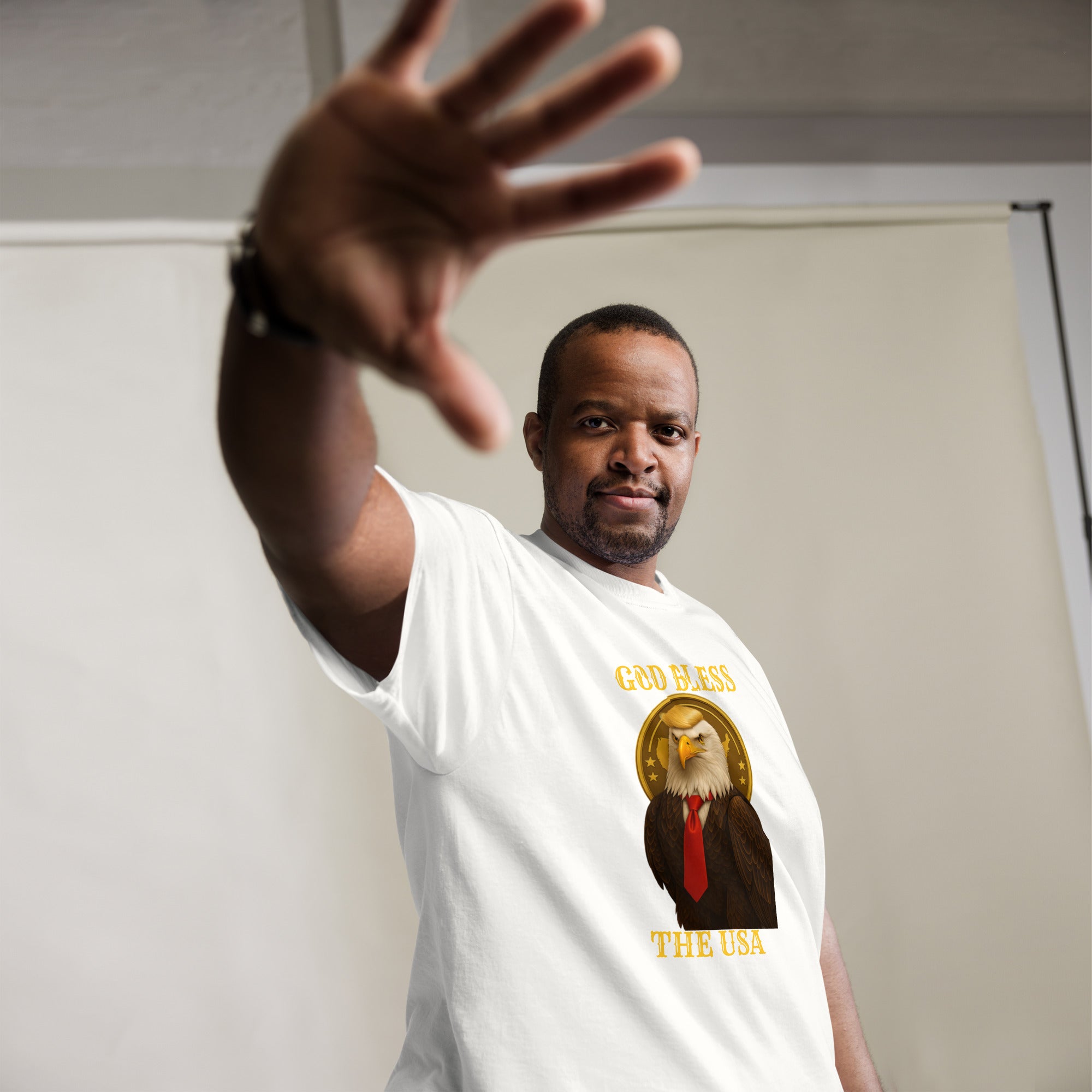 Unisex big and tall God Bless The USA T-shirt in white, patriotic American flag graphic tee