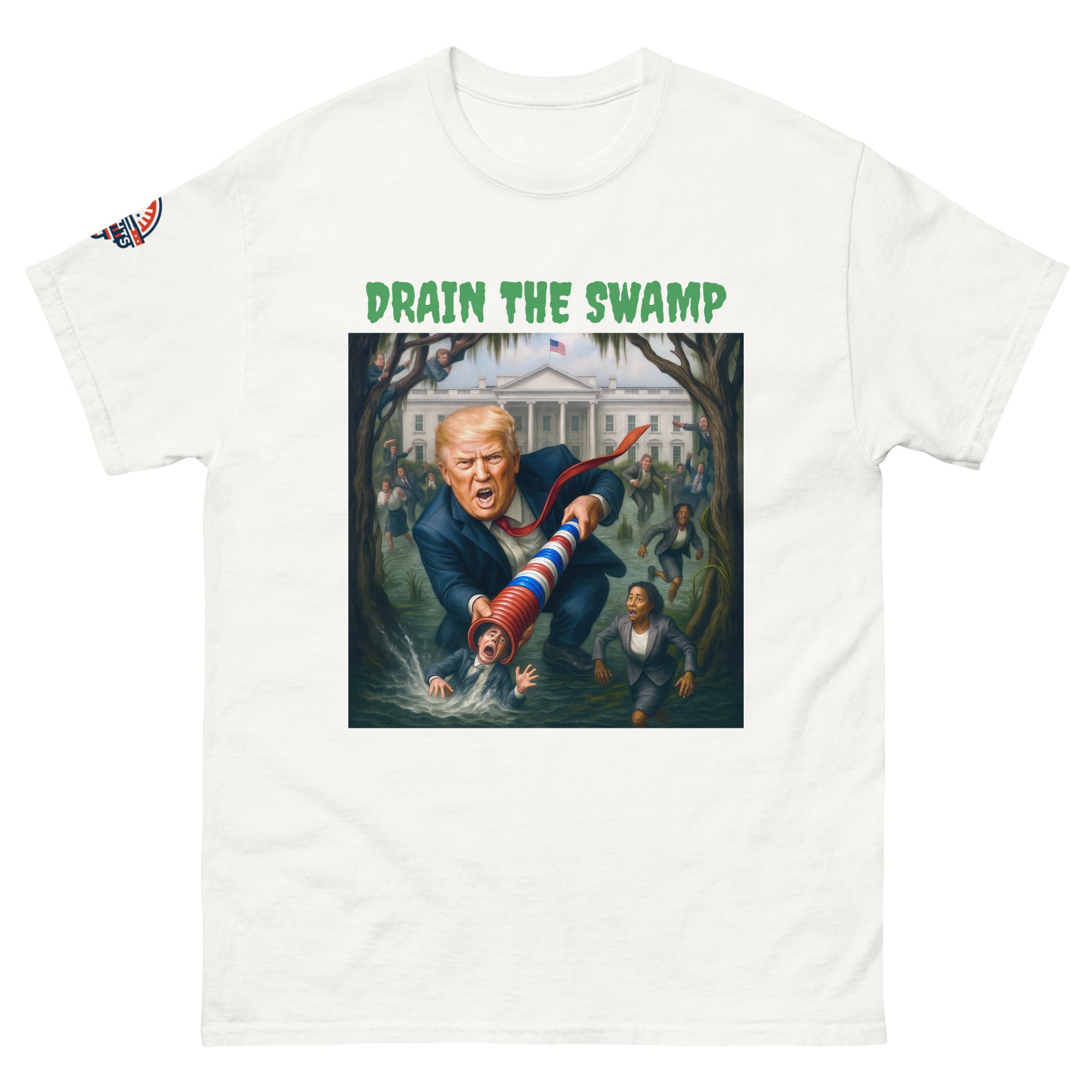 White conservative Trump T-shirt featuring Drain The Swamp patriotic design - MAGA rally shirt.