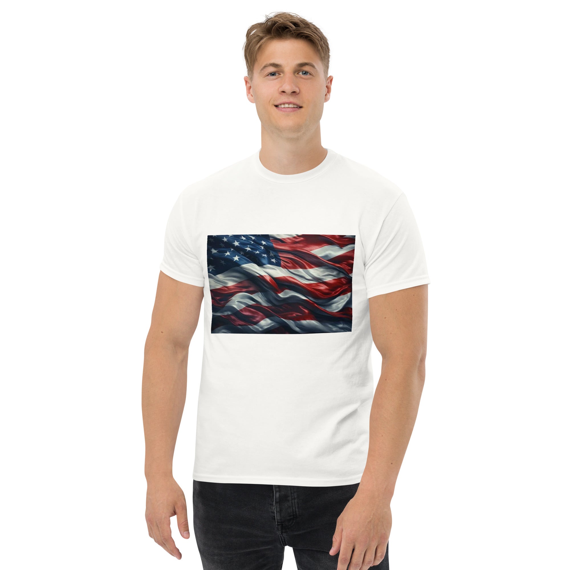 Man wearing white Waves of Freedom USA flag T-Shirt