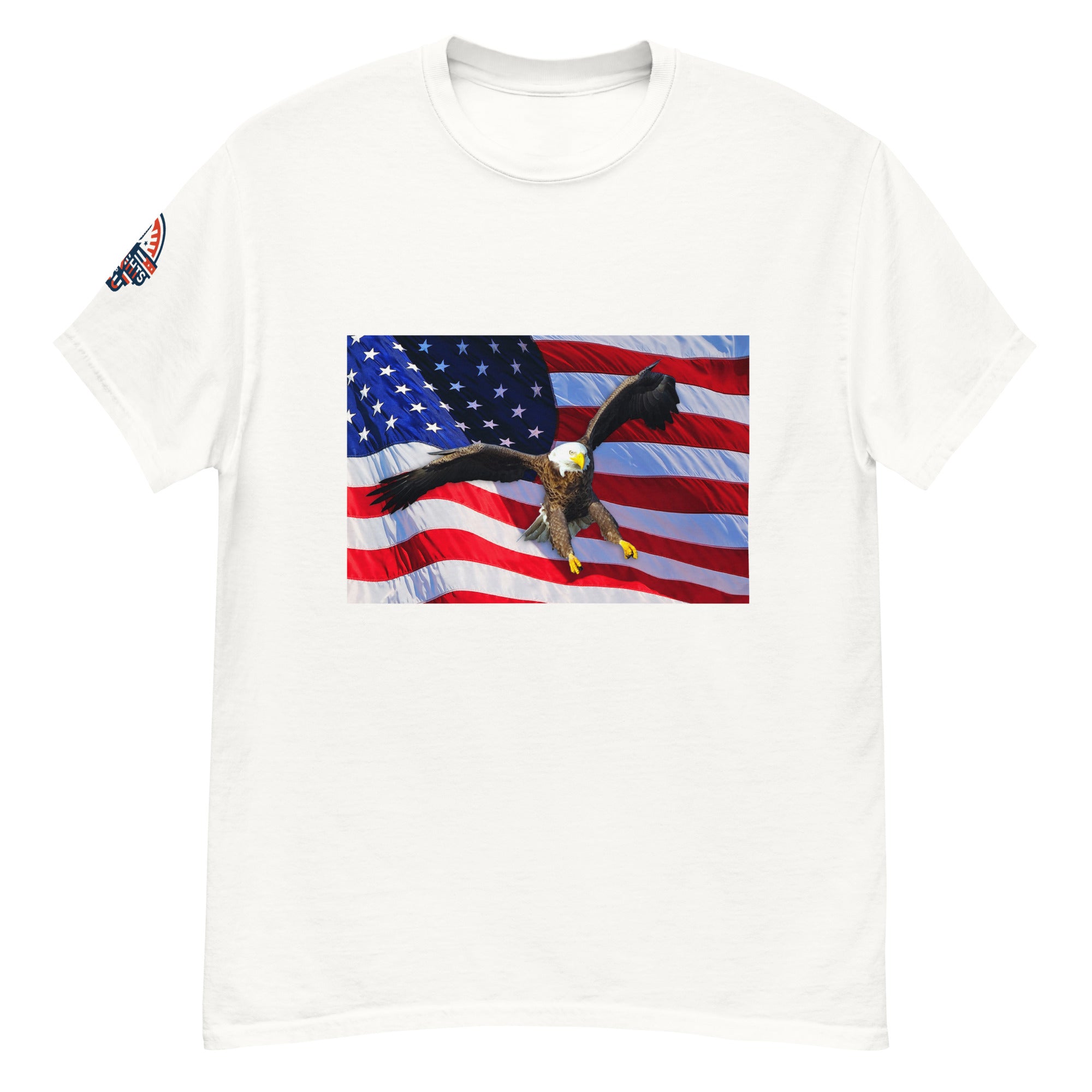 White t-shirt with an American flag and bald eagle design.