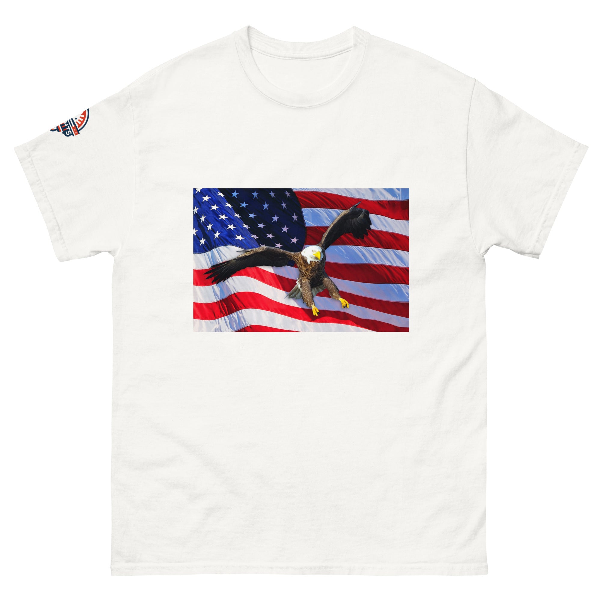 White t-shirt with an American flag and bald eagle design.
