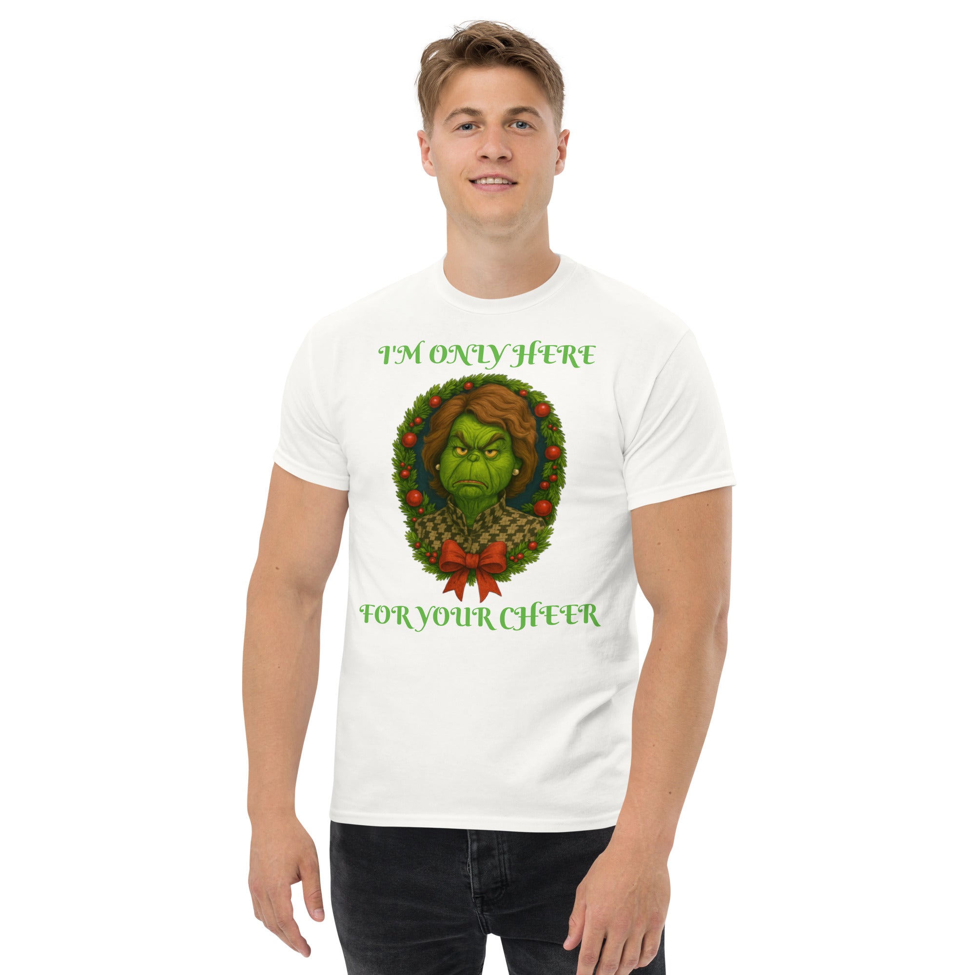 Man wearing white conservative Christmas shirt with "I'm Only Here For You Cheer" funny wreath design - holiday party apparel.
