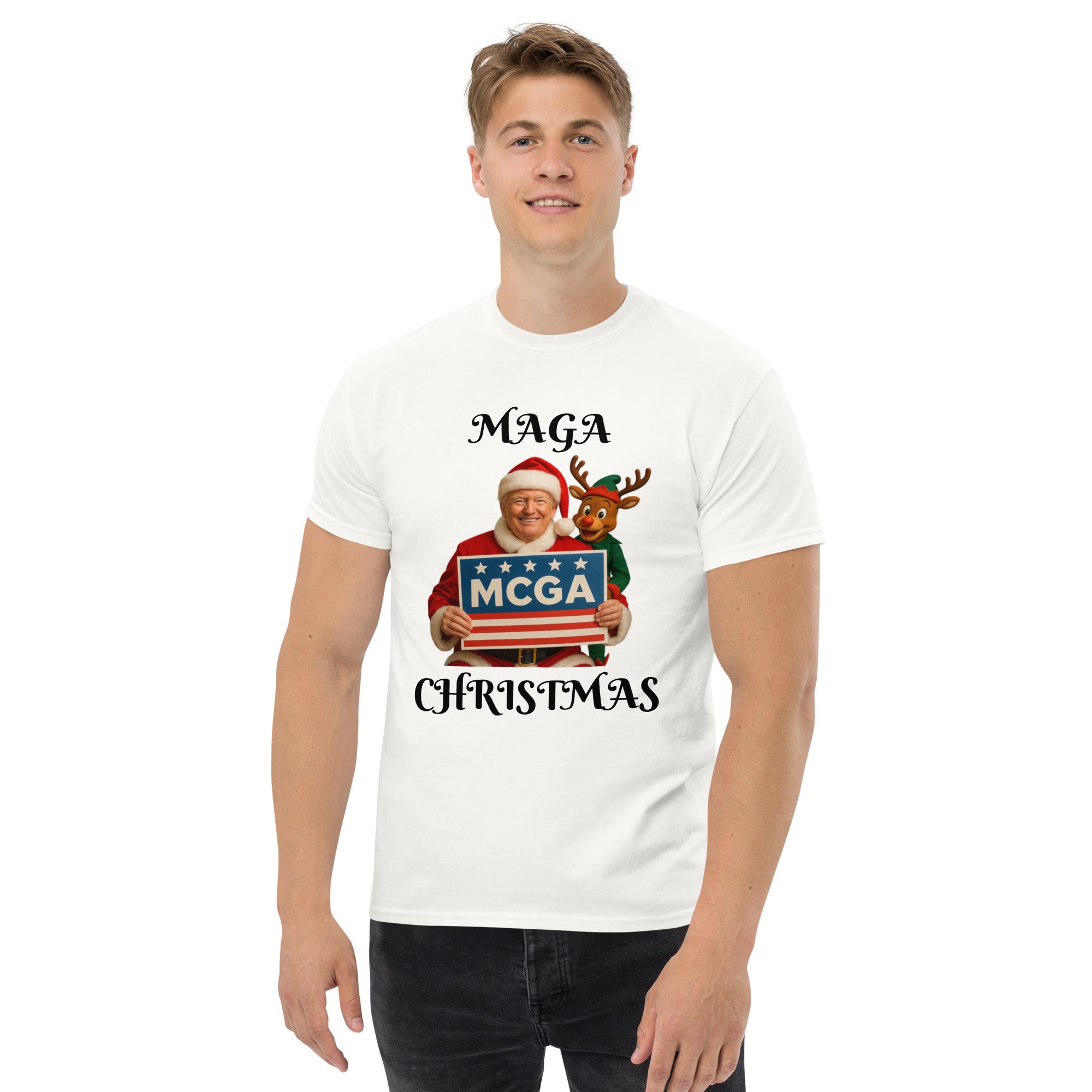 Man wearing MAGA Trump Christmas T-shirt in white - patriotic holiday shirt