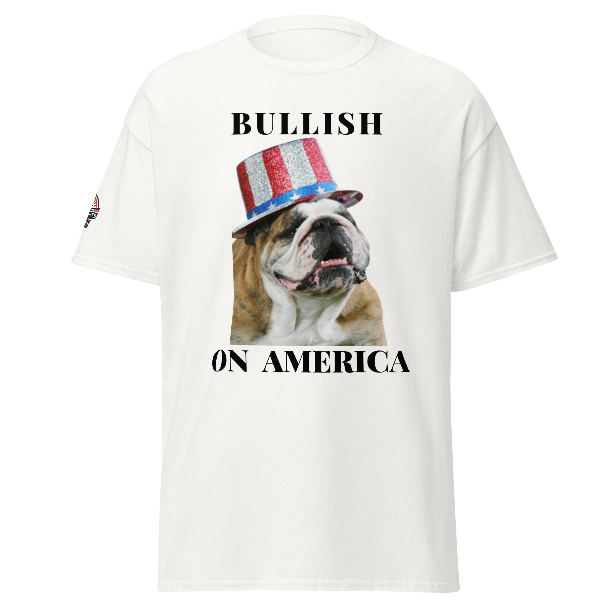 Bullish on America English Bulldog T-Shirt in white - patriotic dog lover tee