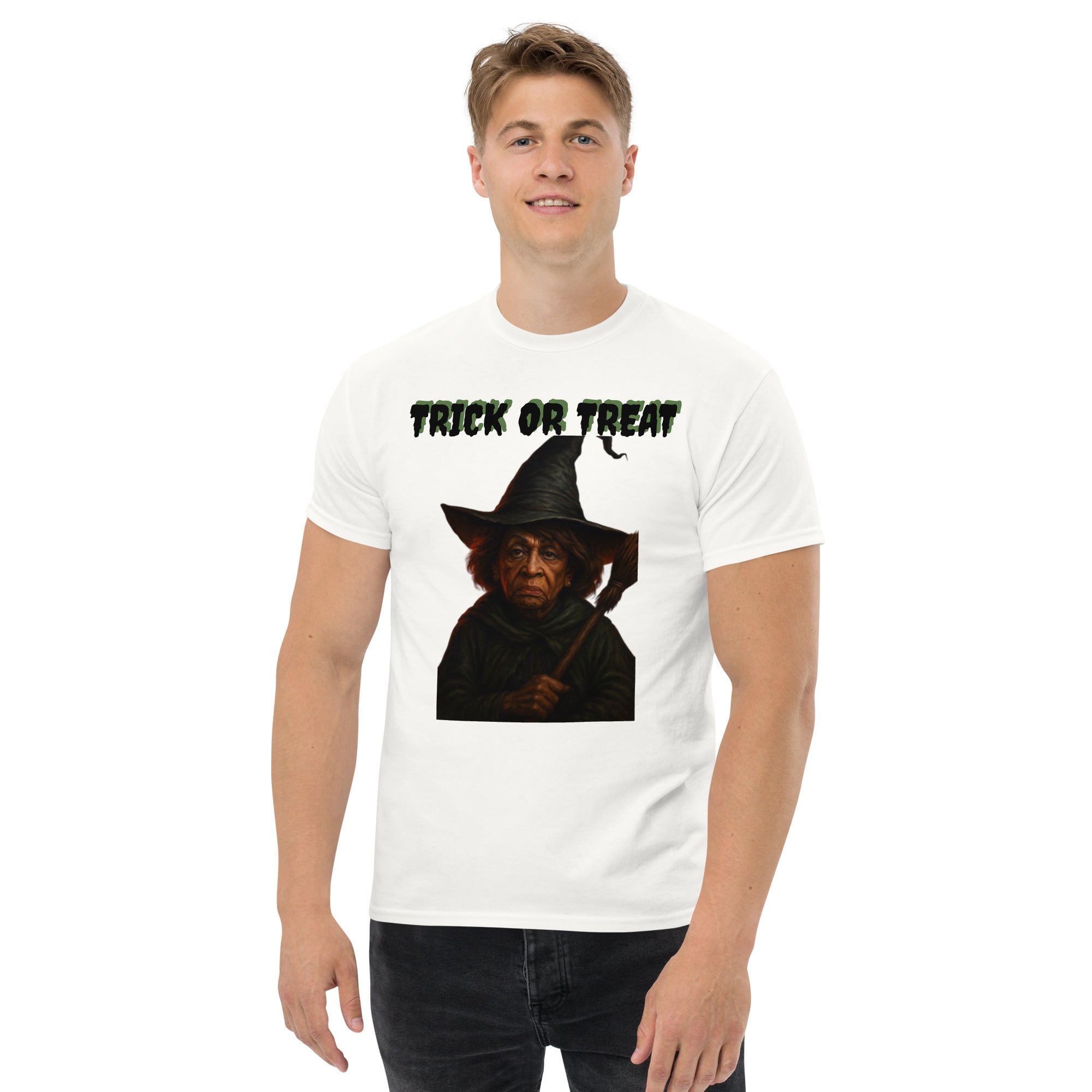 Man Wearing White  Halloween Graphic T-Shirt - Scary Witch design unisex fit
