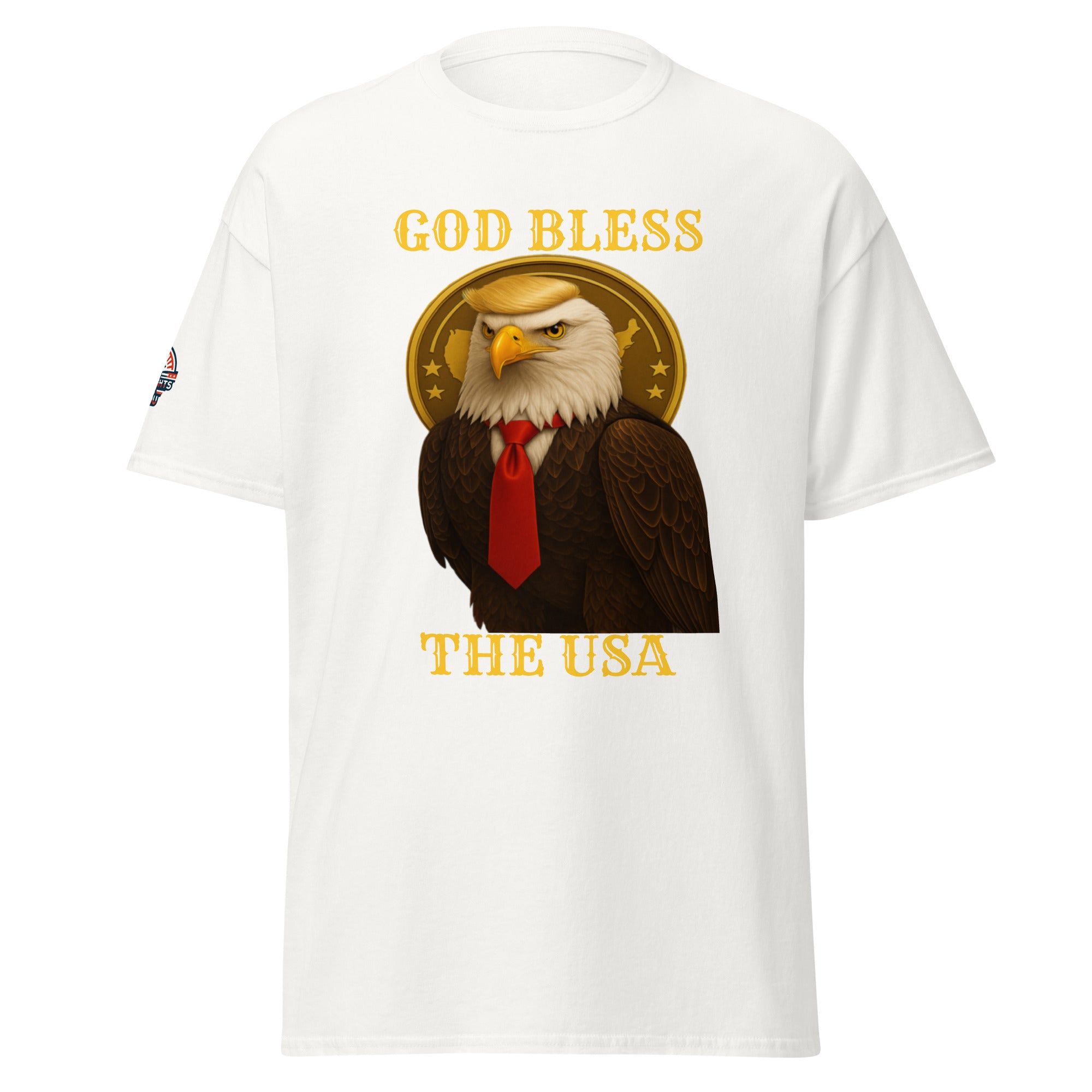 God Bless The USA patriotic Trump eagle T-shirt in white with Golden Age and bald eagle graphic