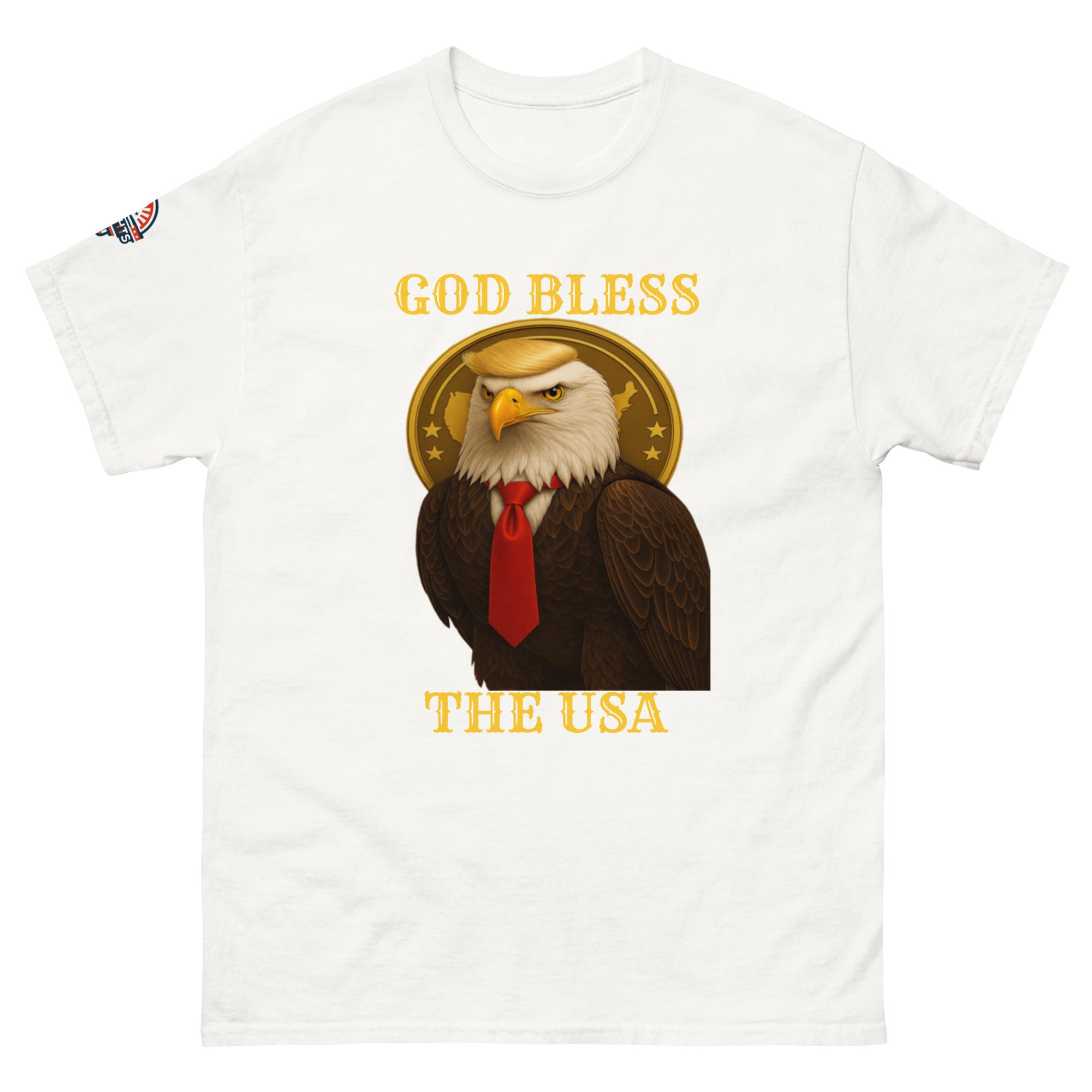 God Bless The USA patriotic eagle T-shirt in white with Golden Age and bald eagle graphic