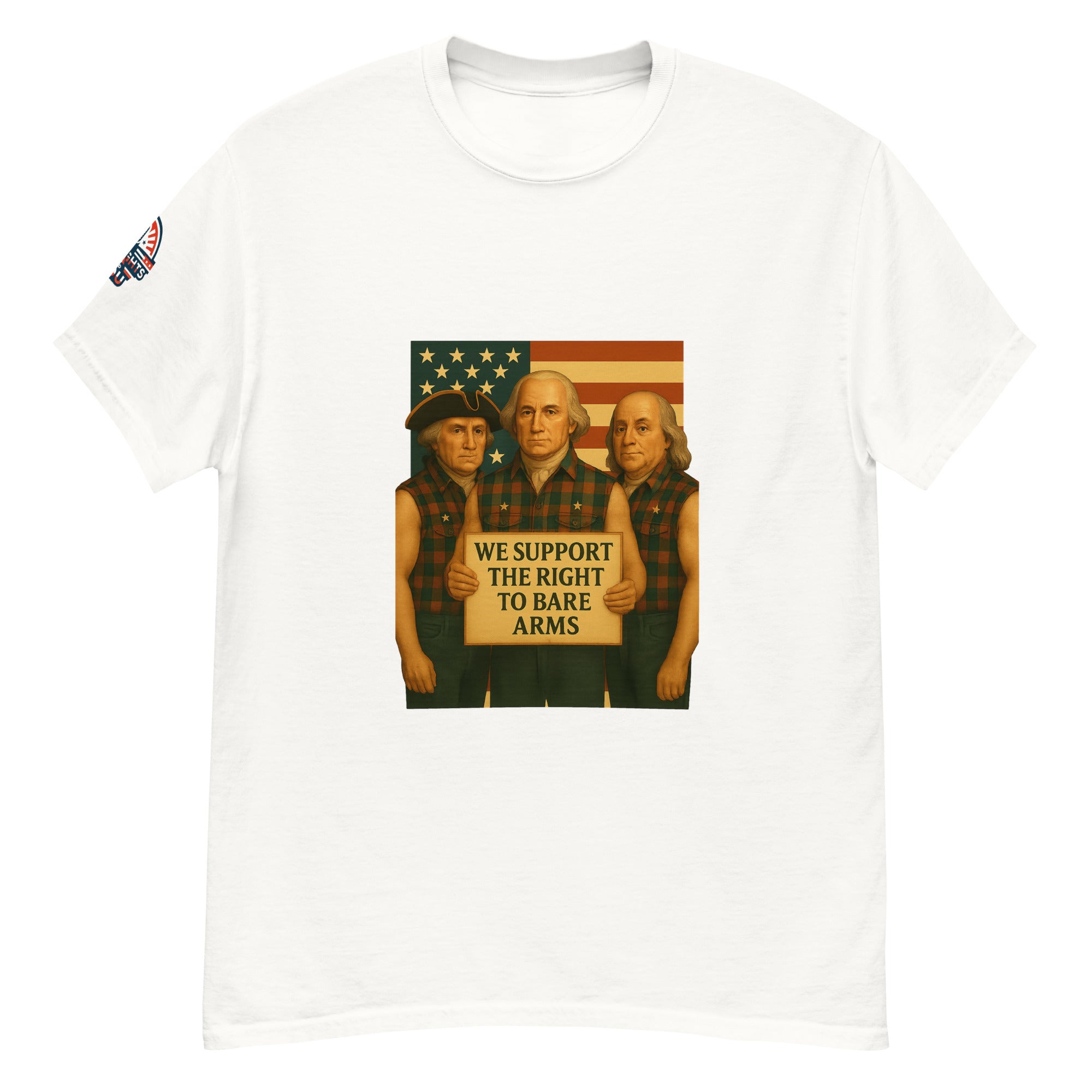 Founding Fathers "Right to Bare Arms" flag funny patriotic white tee