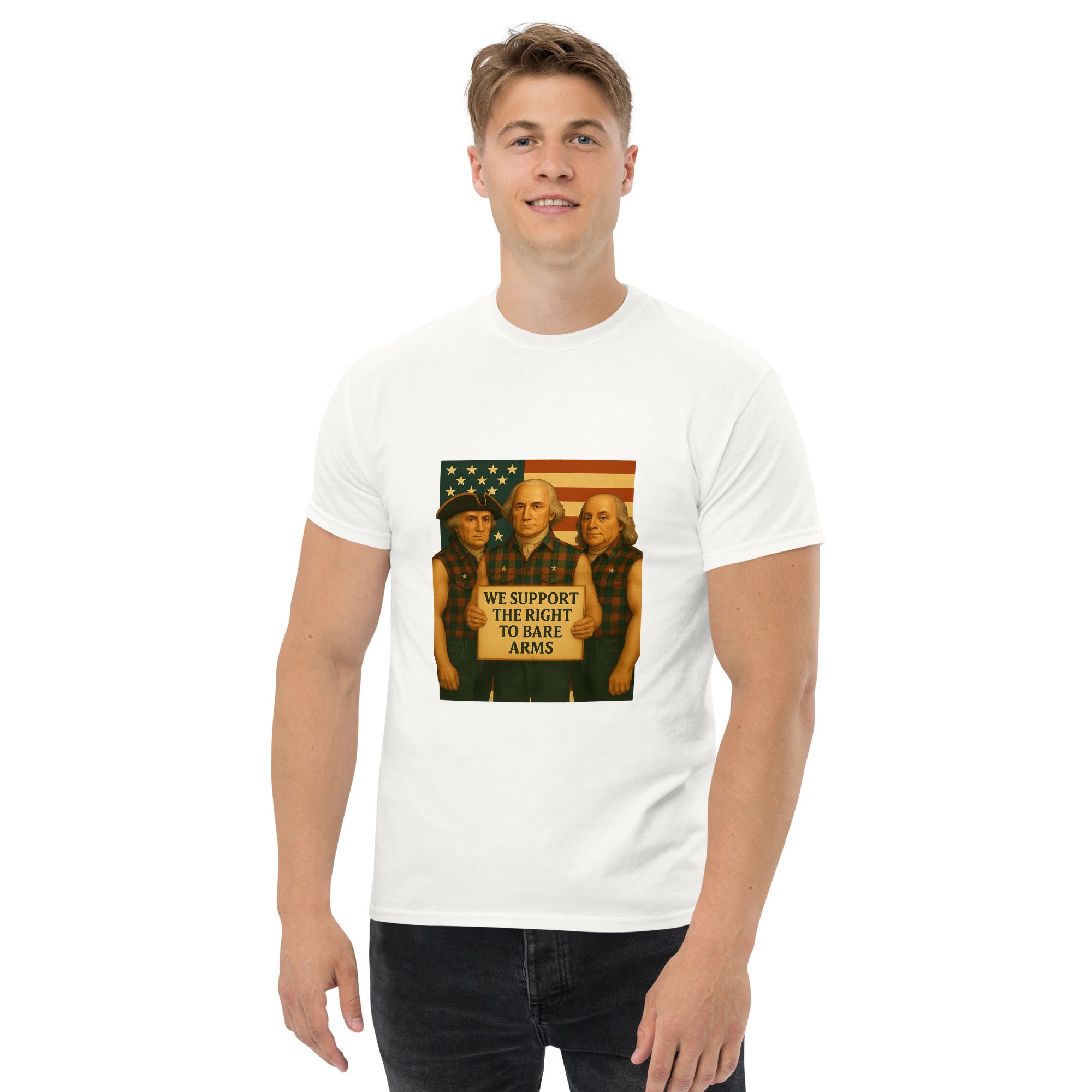 Man wearing white Founding Fathers patriotic tee
