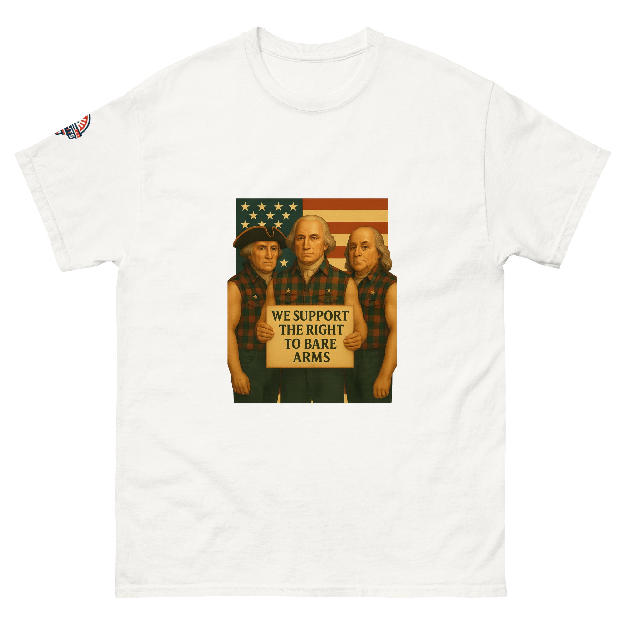 Front view of Founding Fathers "Right to Bare Arms" flag funny patriotic t-shirt in white