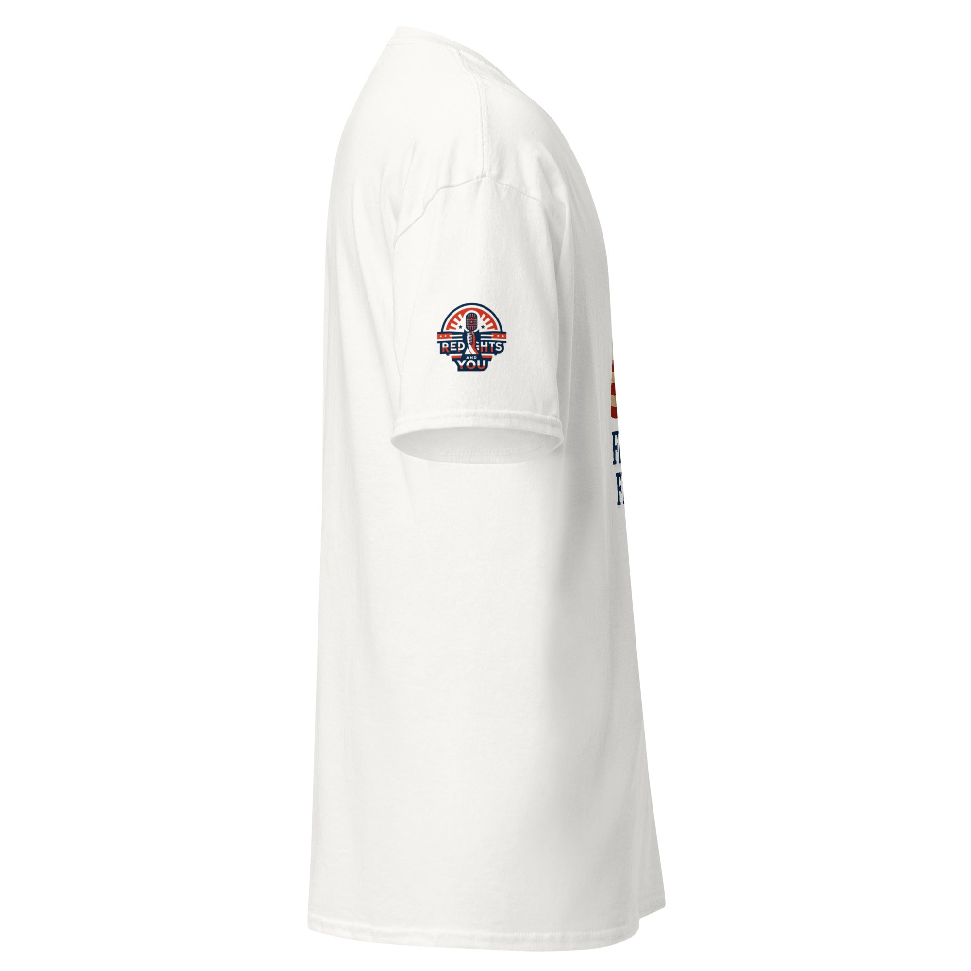 White Fight for Freedom t-shirt with a Red, Rights & You logo on the right sleeve against a white background