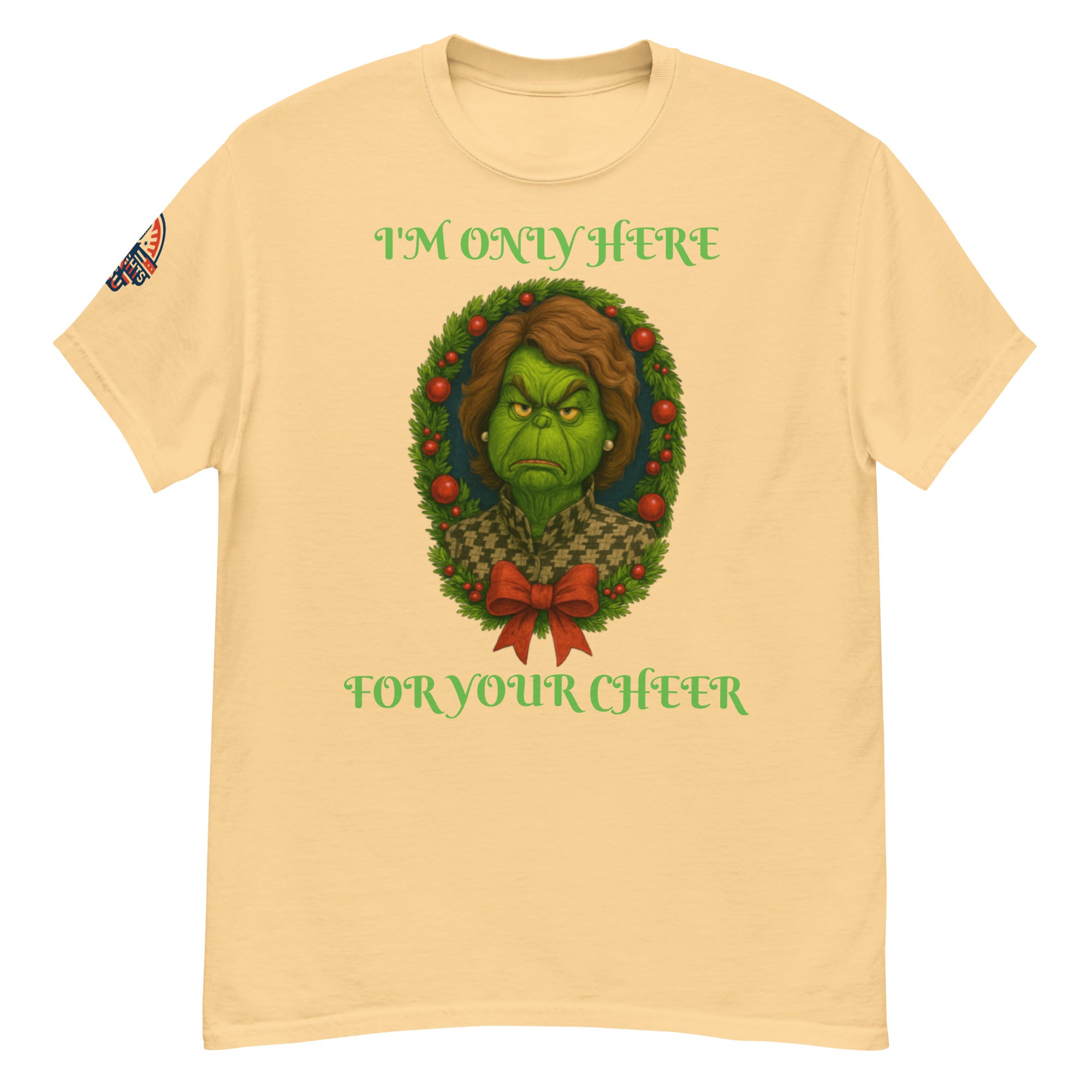 Yellow unisex Christmas T-shirt with "I'm Only Here For Your Cheer" political holiday wreath design.