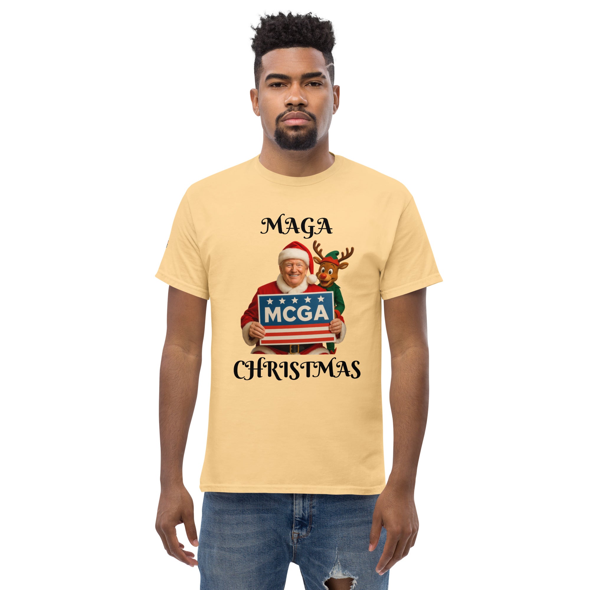 Man wearing MAGA Trump Christmas T-shirt in yellow - patriotic holiday shirt