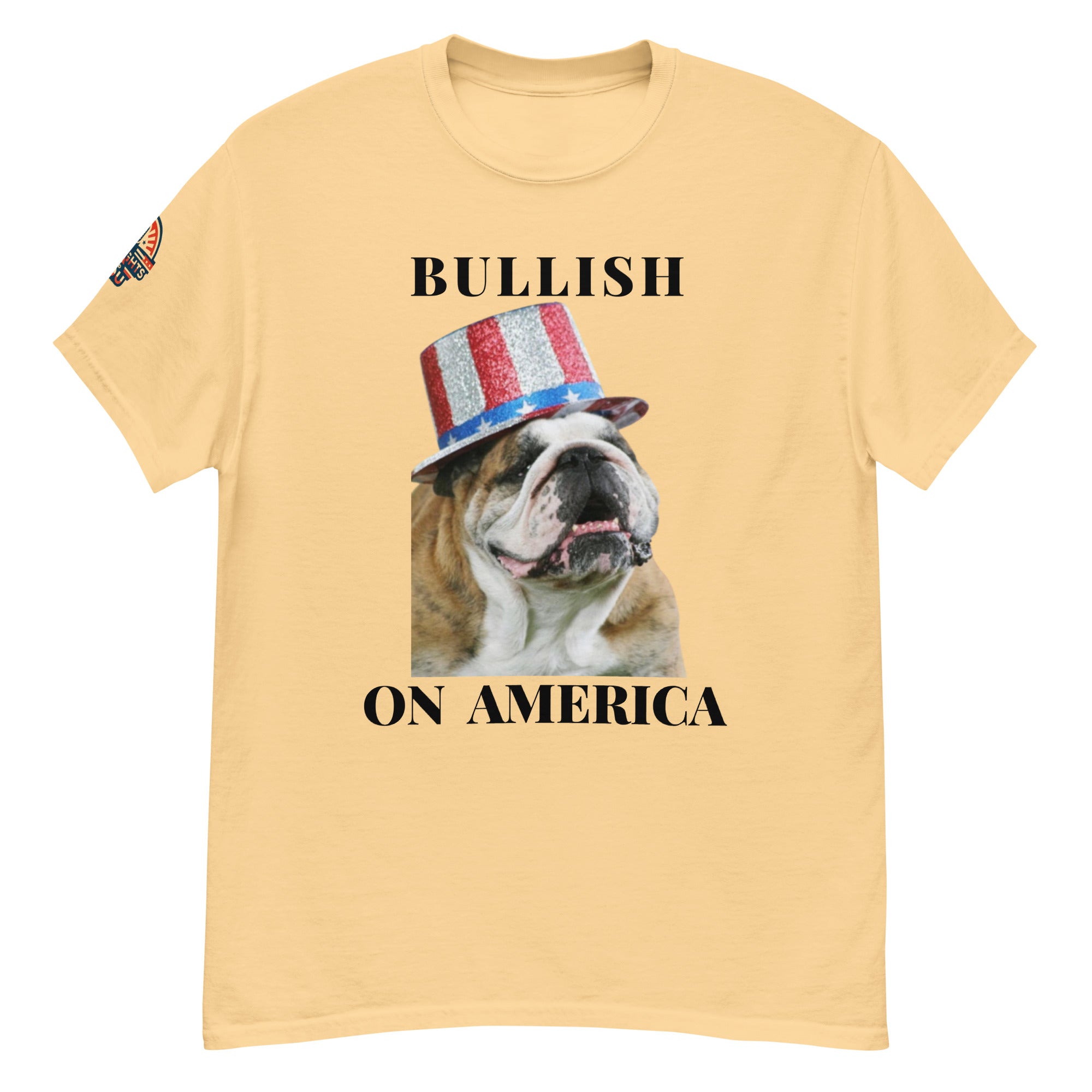 Bullish on America English Bulldog T-Shirt in yellow - patriotic dog lover tee