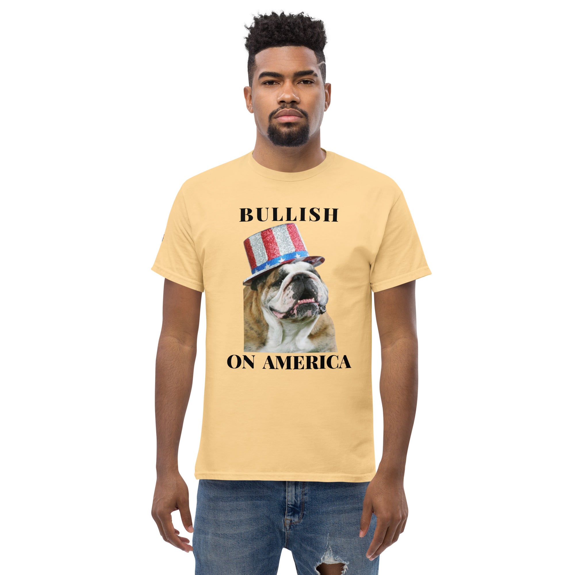 Bullish on America Patriotic Bulldog Shirt in yellow on male model