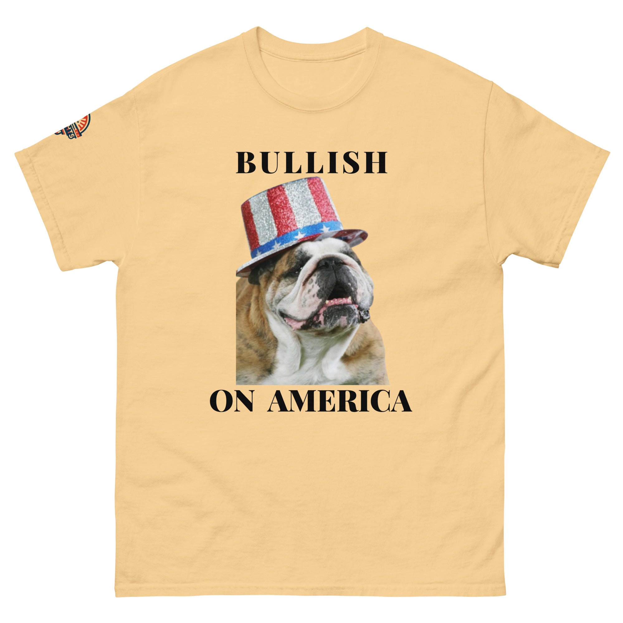 Bullish on America Bulldog Shirt in yellow - patriotic dog lovers tee