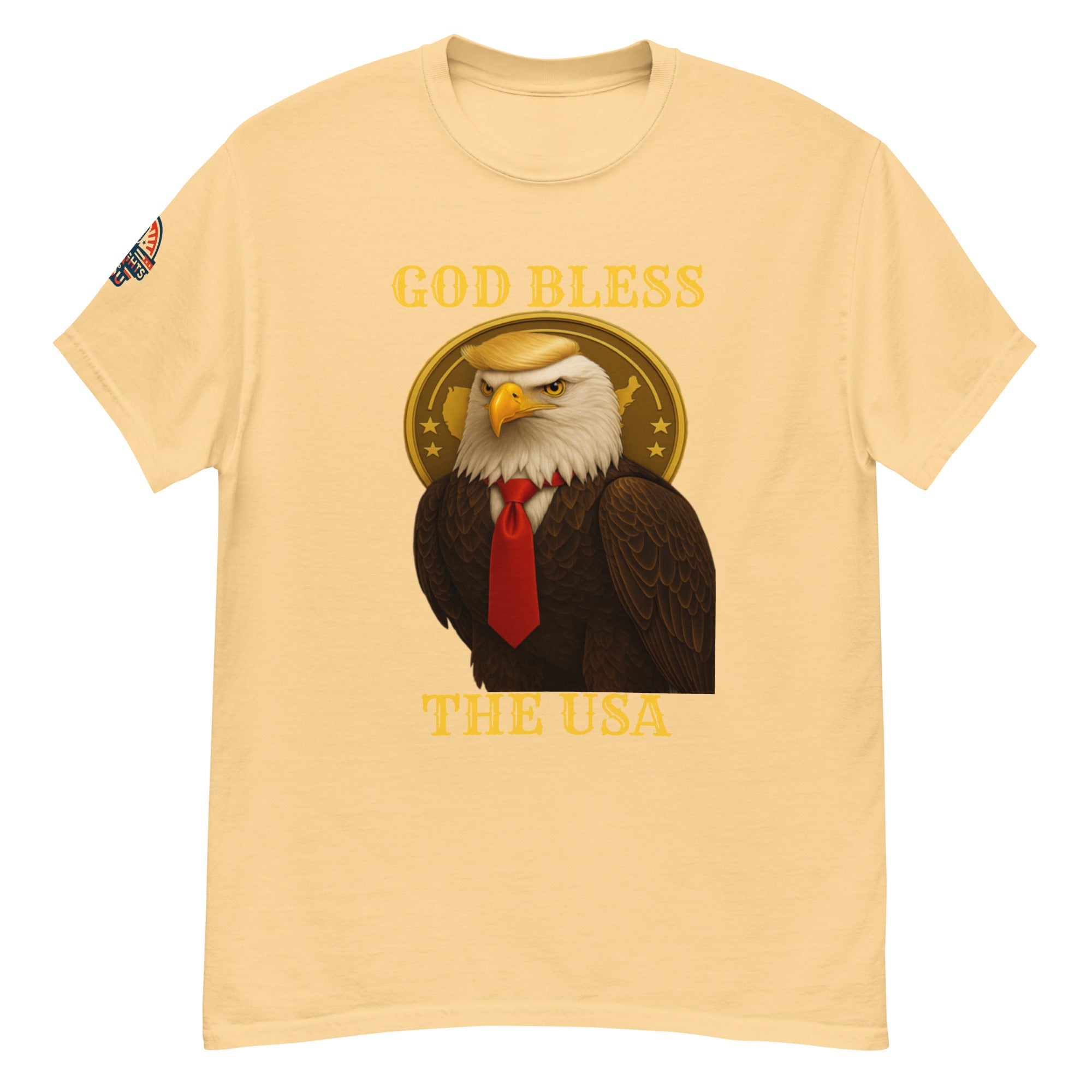 God Bless The USA patriotic Trump eagle T-shirt in yellow with Golden Age and bald eagle graphic