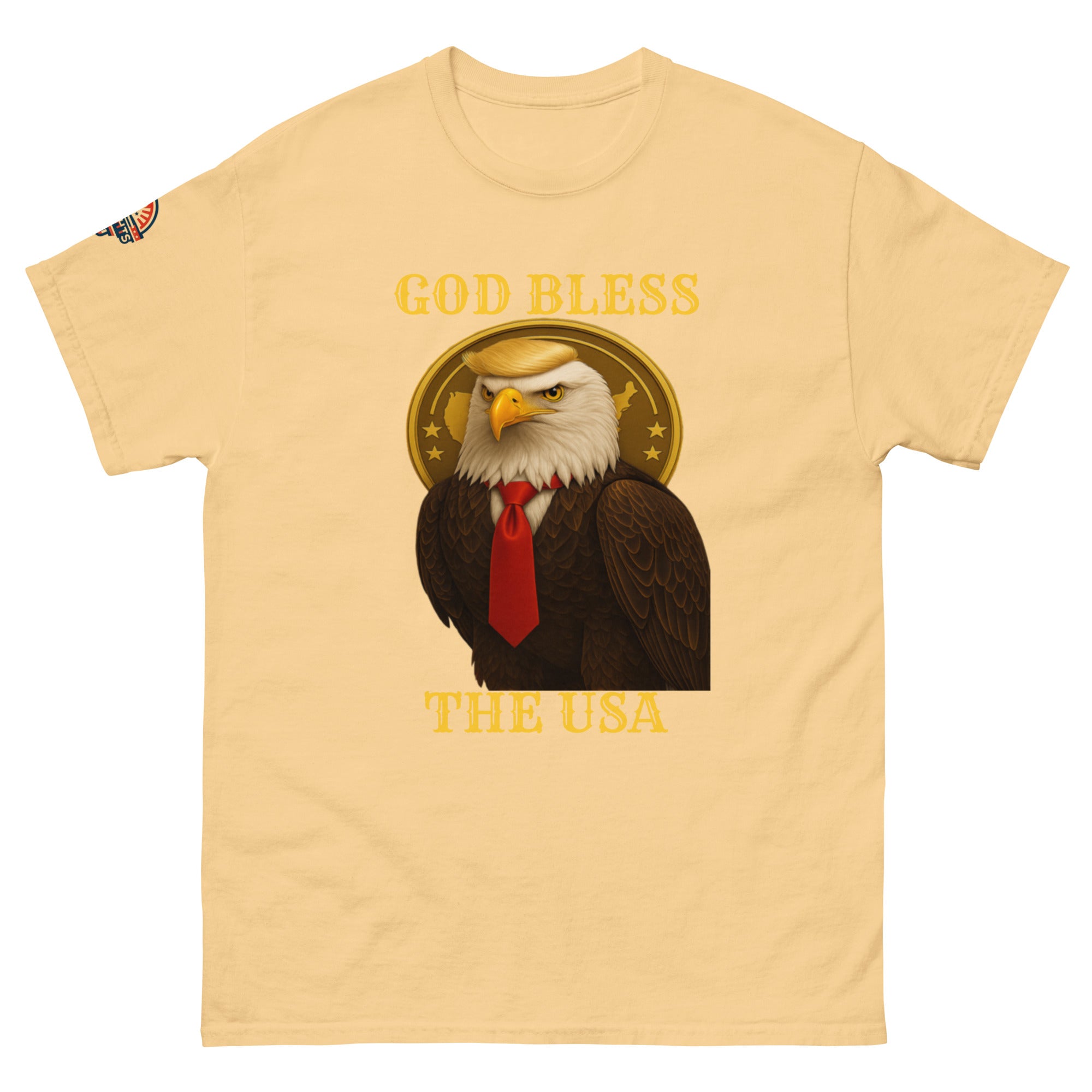 God Bless The USA patriotic eagle T-shirt in yellow with Golden Age and bald eagle graphic