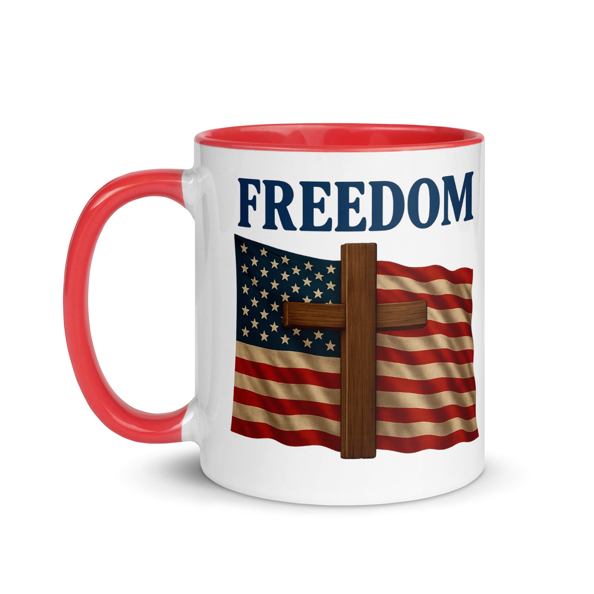 Patriotic FAITH AND  FREEDOM mug featuring USA flag, wooden cross, and bold FREEDOM text – left facing - large print