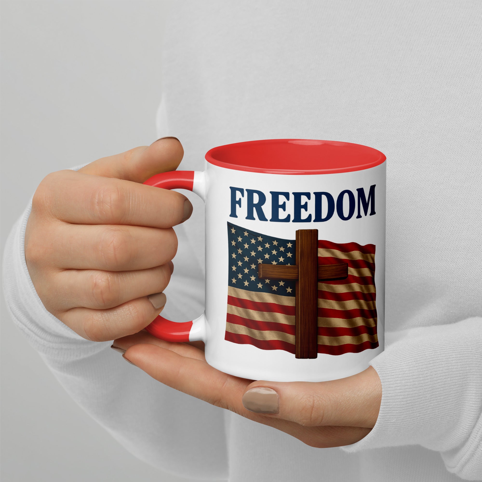 Patriotic Mug with American flag and cross design, held by hand against a white background with red fill and handle - large print