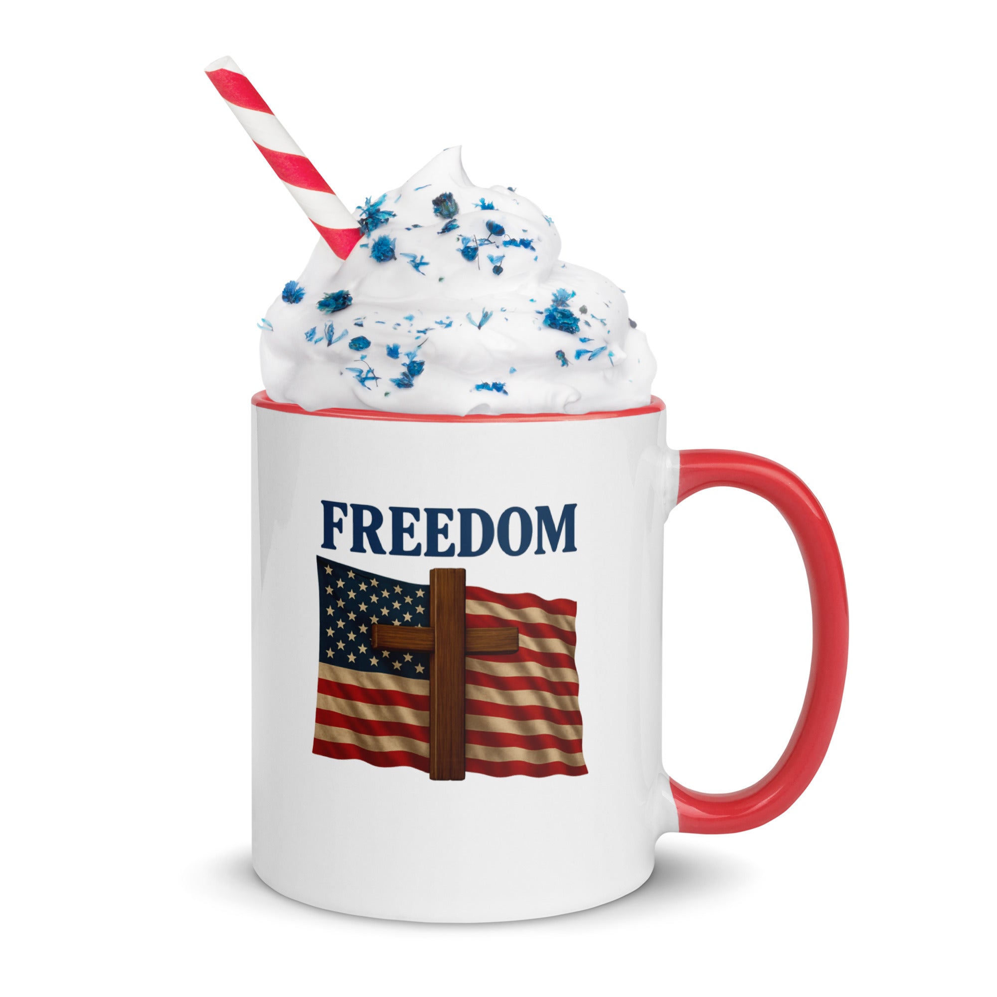 Mug featuring Cross with American flag design and 'Freedom' text, filled with a patriotic sweet treat
