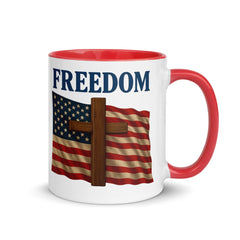Patriotic FAITH AND  FREEDOM mug featuring USA flag, wooden cross, and bold FREEDOM text – large print - double sided - handle right facing