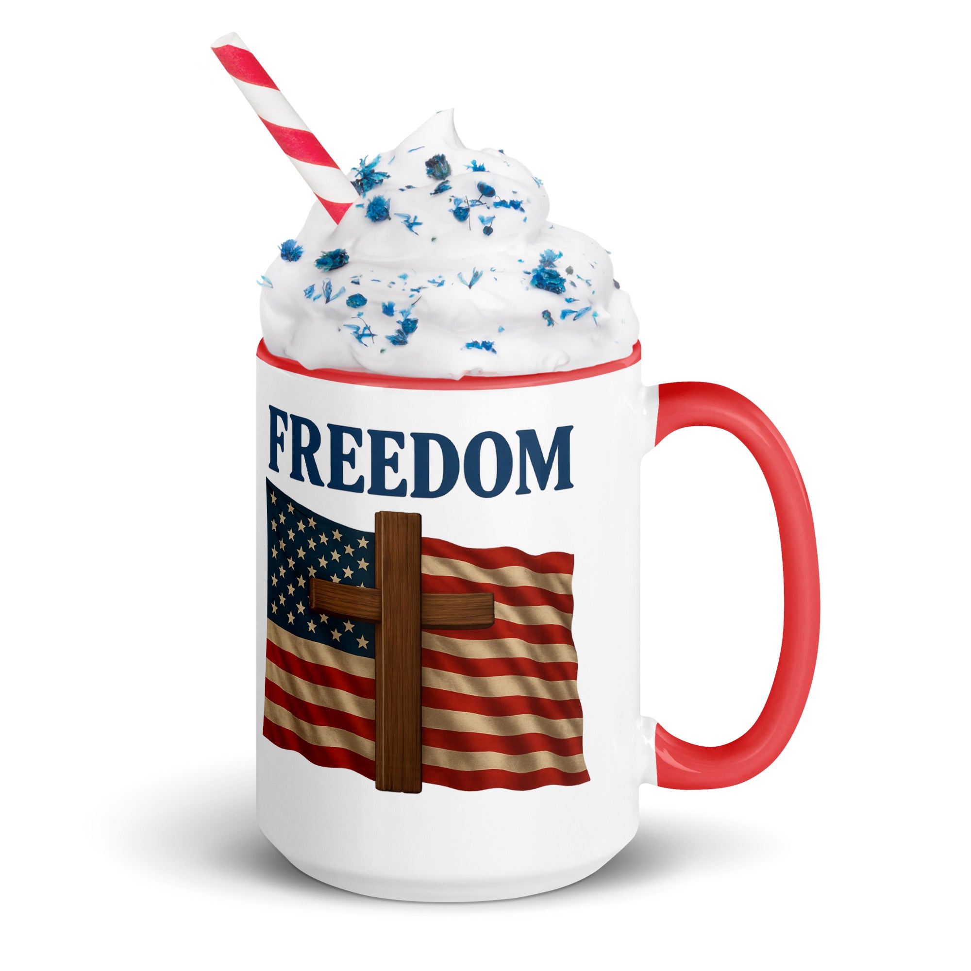 Mug featuring Cross with American flag design and 'Freedom' text, filled with a patriotic sweet treat - large print